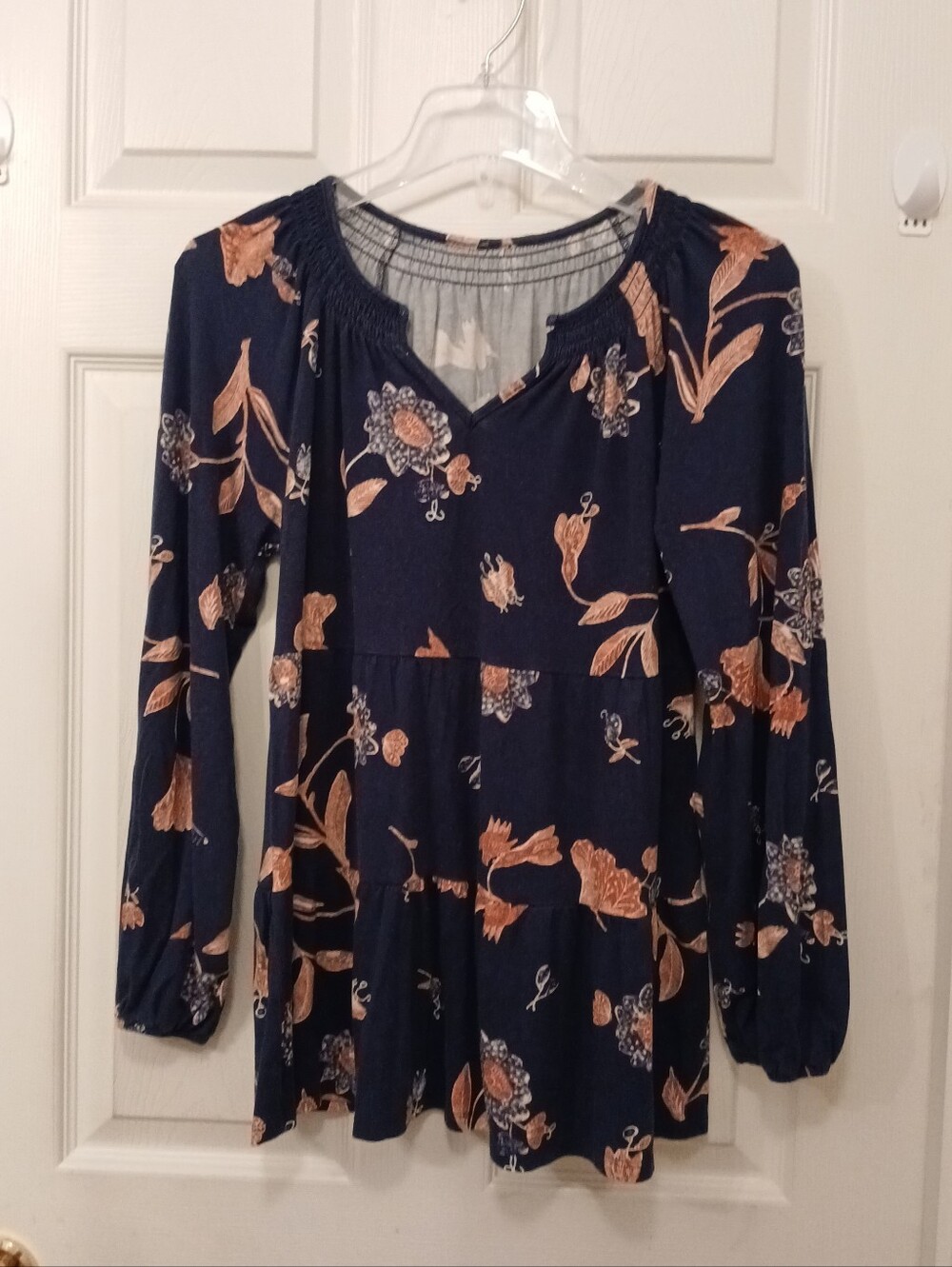 Women's Boho Peasant Peplum Tiered Blouse Top Size M Navy Blue Floral Print